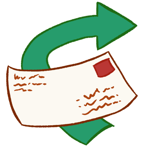 a A drawing of a piece of mail, with a curved green arrow behind it pointing to the right.